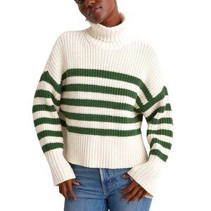 Madewell Sz L Wide Rib Mockneck Sweater Striped Antique Cream Varsity Green NWT